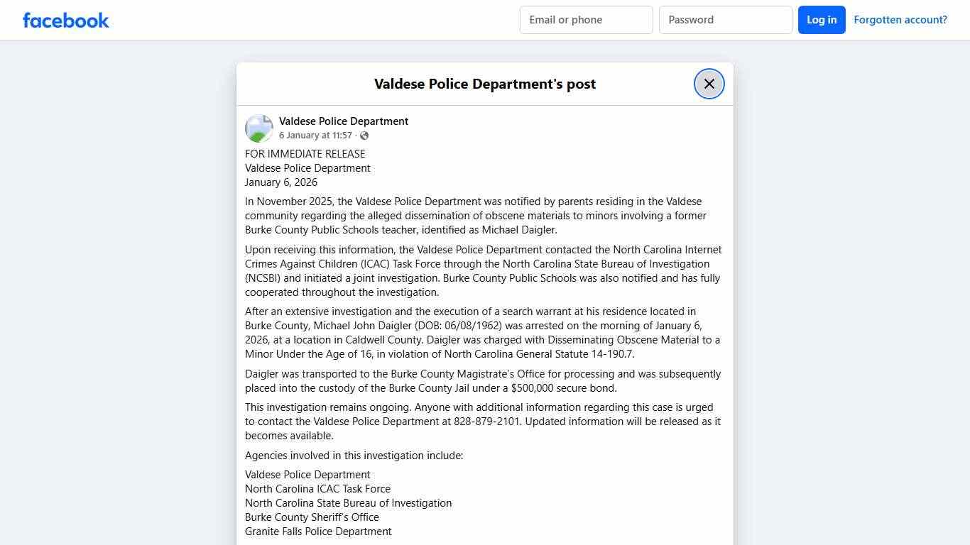 FOR IMMEDIATE RELEASE Valdese... - Valdese Police Department Facebook
